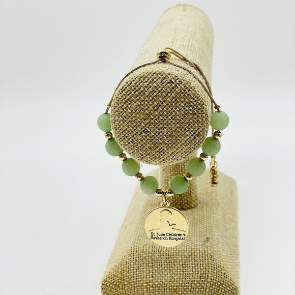 ST JUDE CHILDRENS HOSPITAL Bracelet Tumbled Green Stone Slide Closure Gold Tone - Picture 6 of 7